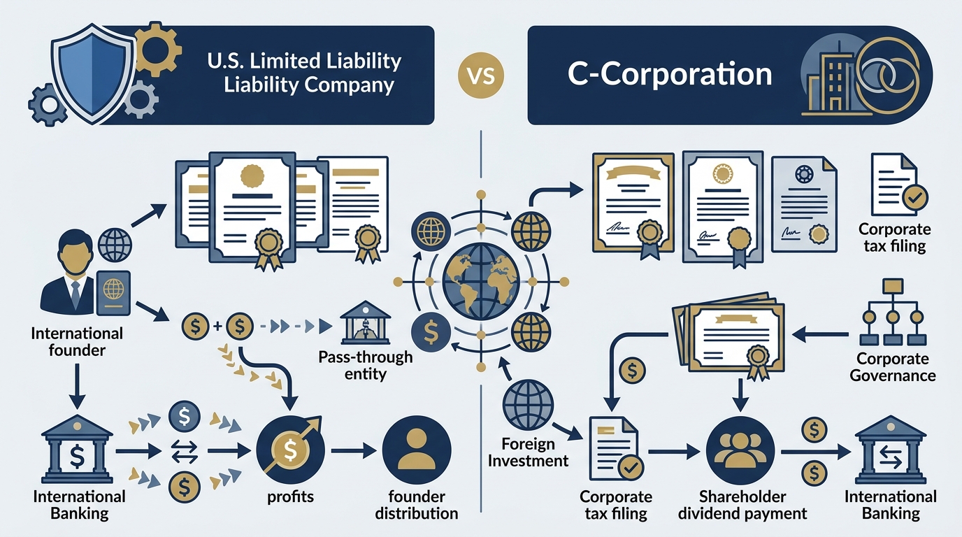 Corporate architecture comparing US Limited Liability Company and C-Corporation for international non-resident business founders